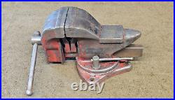 3-1/2 3.5 Jaw Vise Anvil Swivel Base Bench Table Vintage Red