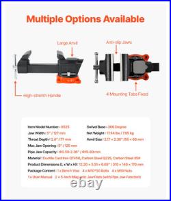 Bench Vise, 5 Jaw Width, 5 Max Jaw Opening Multipurpose Vise with 360° Swivel