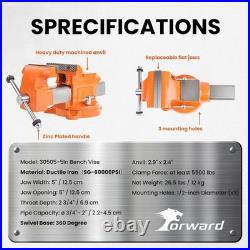 Heavy Duty Ductile Iron Bench Vise 5 Inch Swivel Base Pipe Jaws